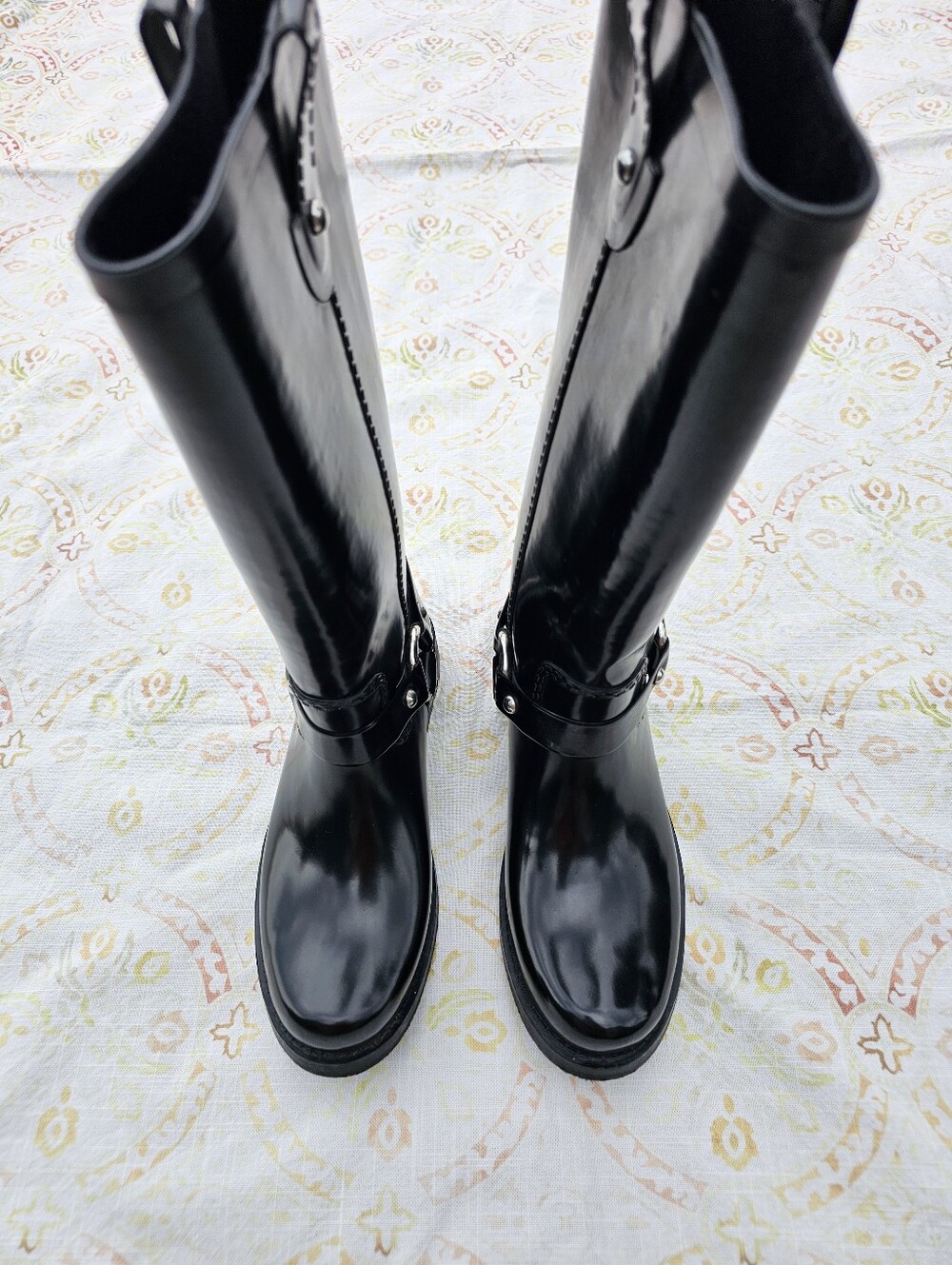 Michael Kors Women's Size 9 Black Gloss Rain Boots Equestrian Riding Tall Rubber